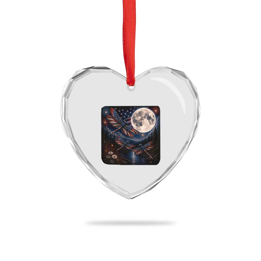 American Flag Dragonfly Patriotic 4th Of July Heart Crystal Glass Ornament