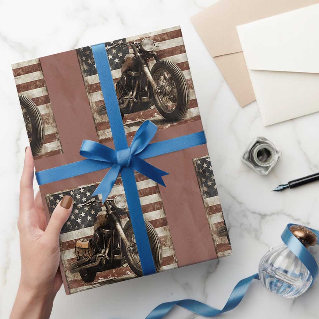 American Flag Motorcycle Wrapping Paper Roll Vintage Retro Biker USA 4th of July TS10 Mocha Print Your Wear