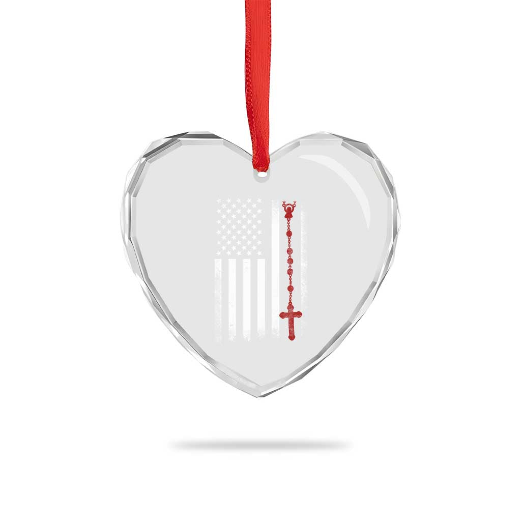 American Flag Rosary Catholic Cross Heart Crystal Glass Ornament