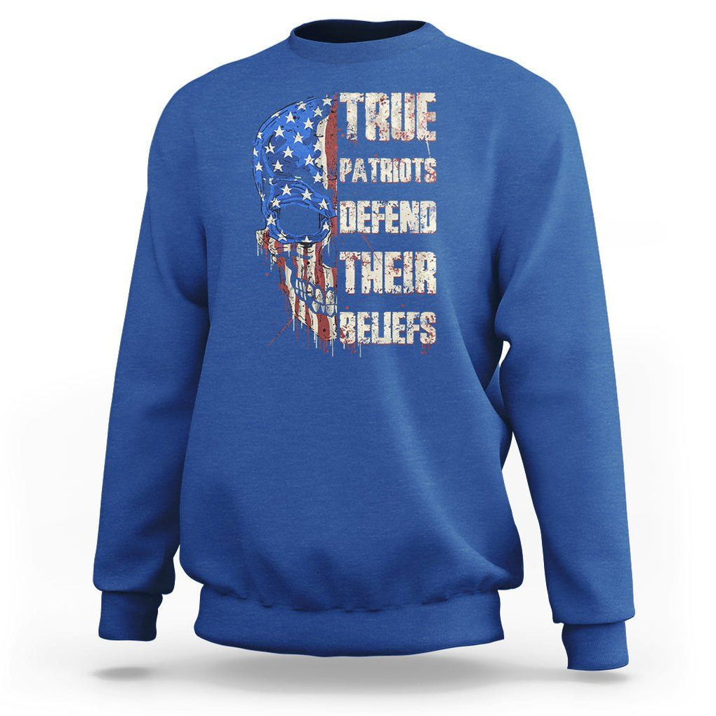 American Patriotic Skull Sweatshirt True Patriots Defends Their Beliefs Spirit US Flag TS02 Royal Blue Print Your Wear