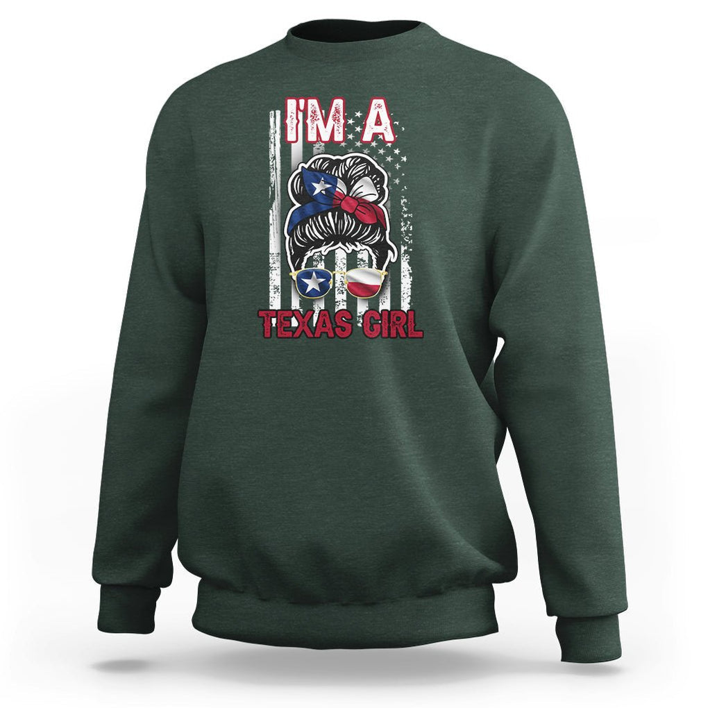 American Texan Sweatshirt I'm A Texas Girl Messy Bun US Flag Texas Flag TS02 Dark Forest Green Printyourwear