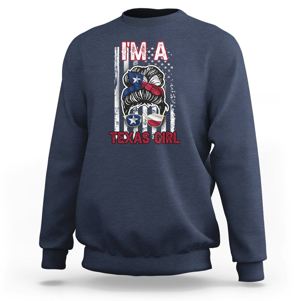 American Texan Sweatshirt I'm A Texas Girl Messy Bun US Flag Texas Flag TS02 Navy Printyourwear