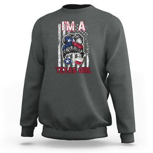 American Texan Sweatshirt I'm A Texas Girl Messy Bun US Flag Texas Flag TS02 Dark Heather Printyourwear