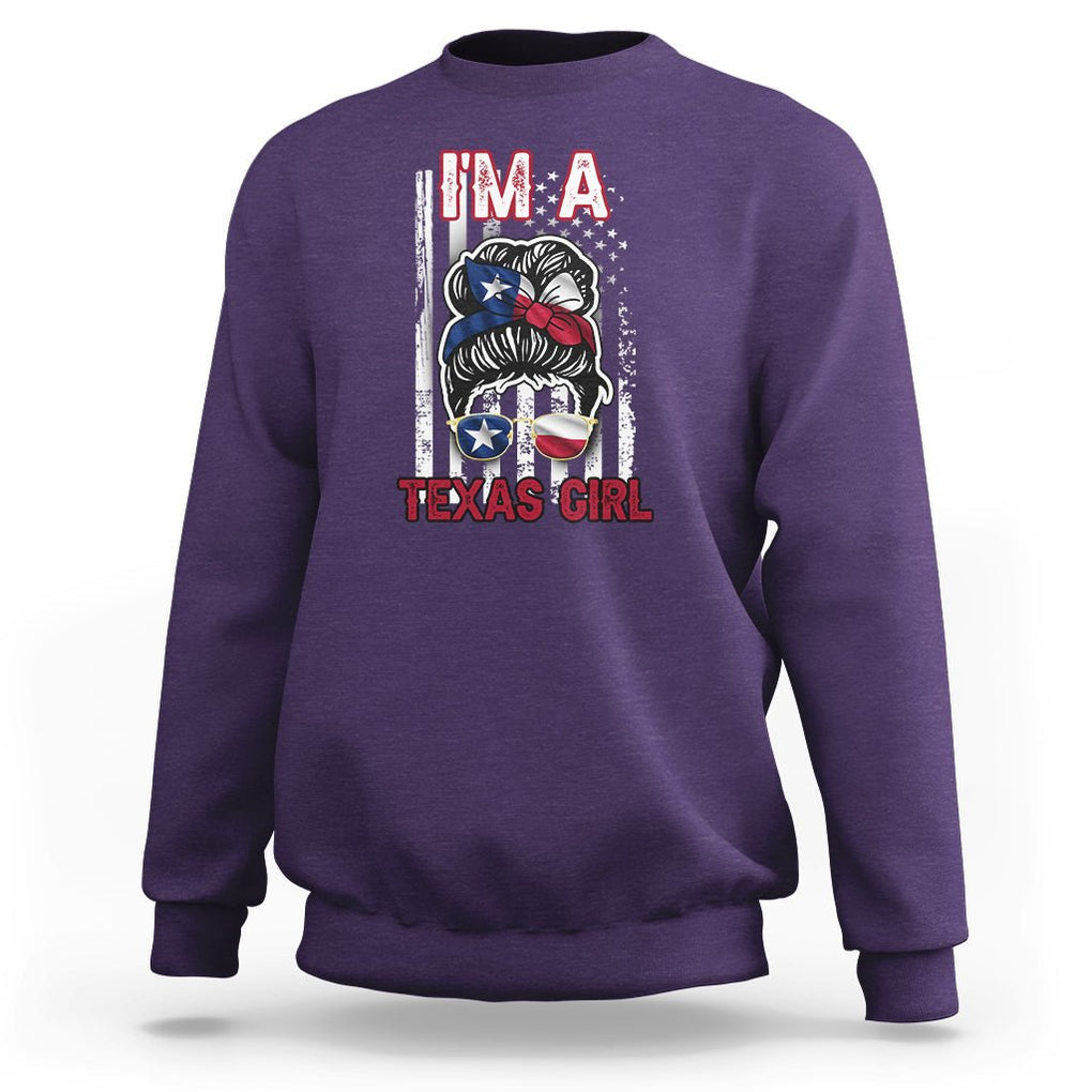 American Texan Sweatshirt I'm A Texas Girl Messy Bun US Flag Texas Flag TS02 Purple Printyourwear