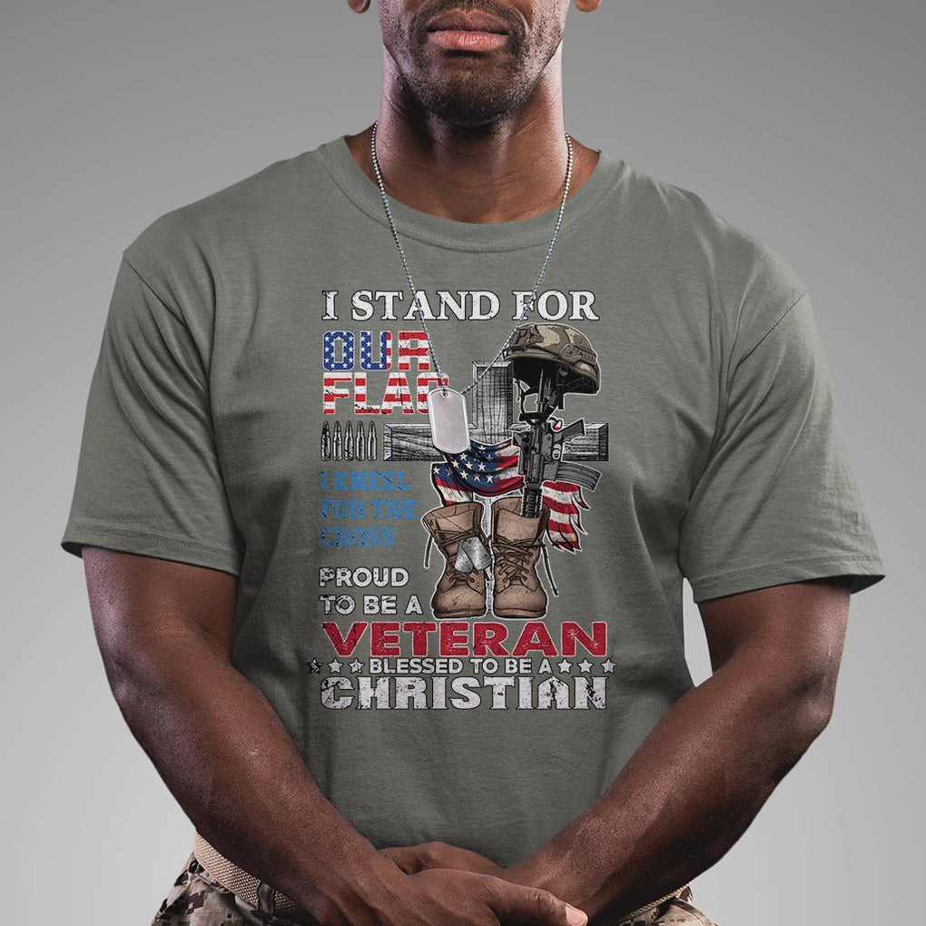 American Veteran T Shirt I Stand For Our Flag I Kneel For The Cross Blessed To Be Christian TS02 Printyourwear