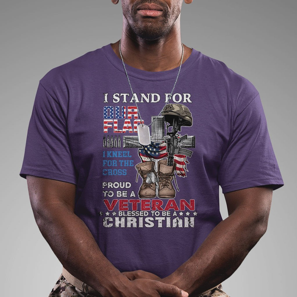 American Veteran T Shirt I Stand For Our Flag I Kneel For The Cross Blessed To Be Christian TS02 Printyourwear