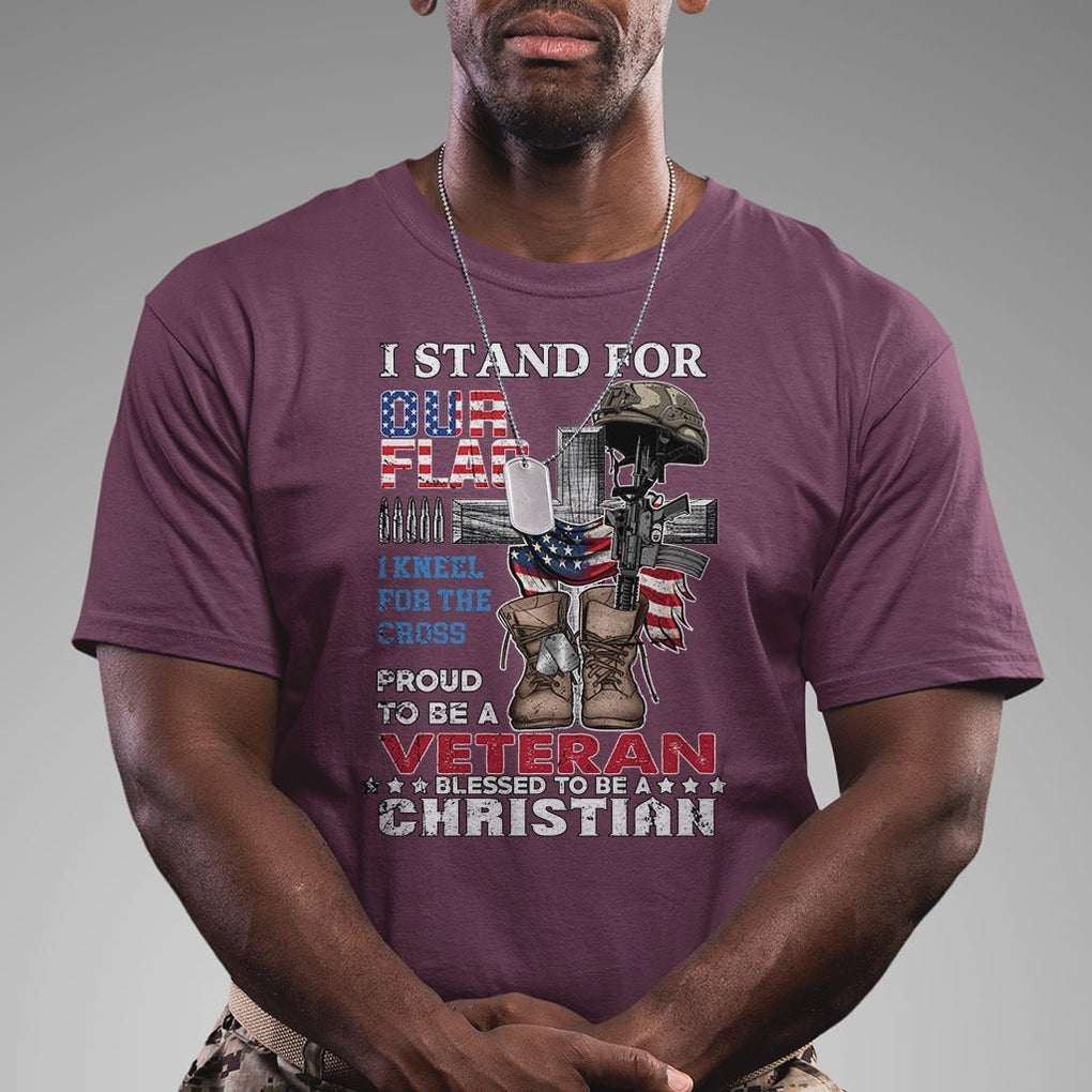 American Veteran T Shirt I Stand For Our Flag I Kneel For The Cross Blessed To Be Christian TS02 Printyourwear