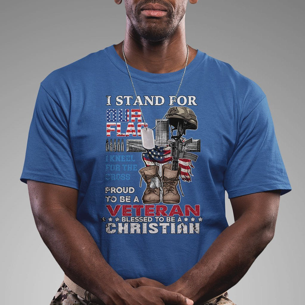 American Veteran T Shirt I Stand For Our Flag I Kneel For The Cross Blessed To Be Christian TS02 Printyourwear