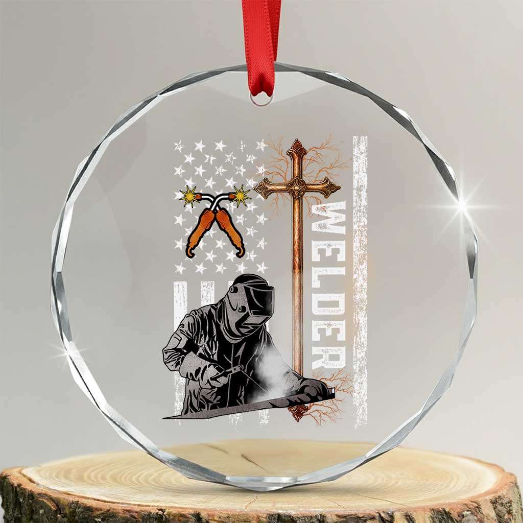 American Welder Crystal Glass Ornament Welding USA Flag Christian Cross - Print Your Wear