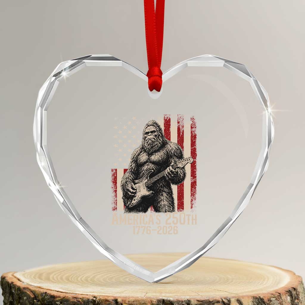 Americas 250th Anniversary 1776-2026 Bigfoot Rock Star Heart Crystal Glass Ornament Playing Electric Guitar Distressed American Flag Graphic TS02 Transparent Glass 3'' Heart Print Your Wear