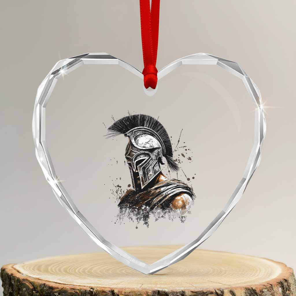 Ancient Spartan Warrior Watercolor Splatter Graphic Heart Crystal Glass Ornament Greek Mythology Enthusiast History Gift