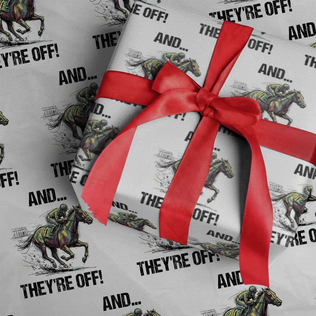 And They’re Off Colorful Horse Racing Sketch Wrapping Paper Roll Jockey and Thoroughbred Sprinting Race Day TS02 White Print Your Wear