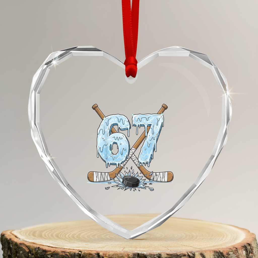 67 Ice Hockey Sticks and Puck Heart Crystal Glass Ornament Funny Six Seven Brainrot Dripping Number Melting Snow TS02 Transparent Glass 3'' Heart Print Your Wear