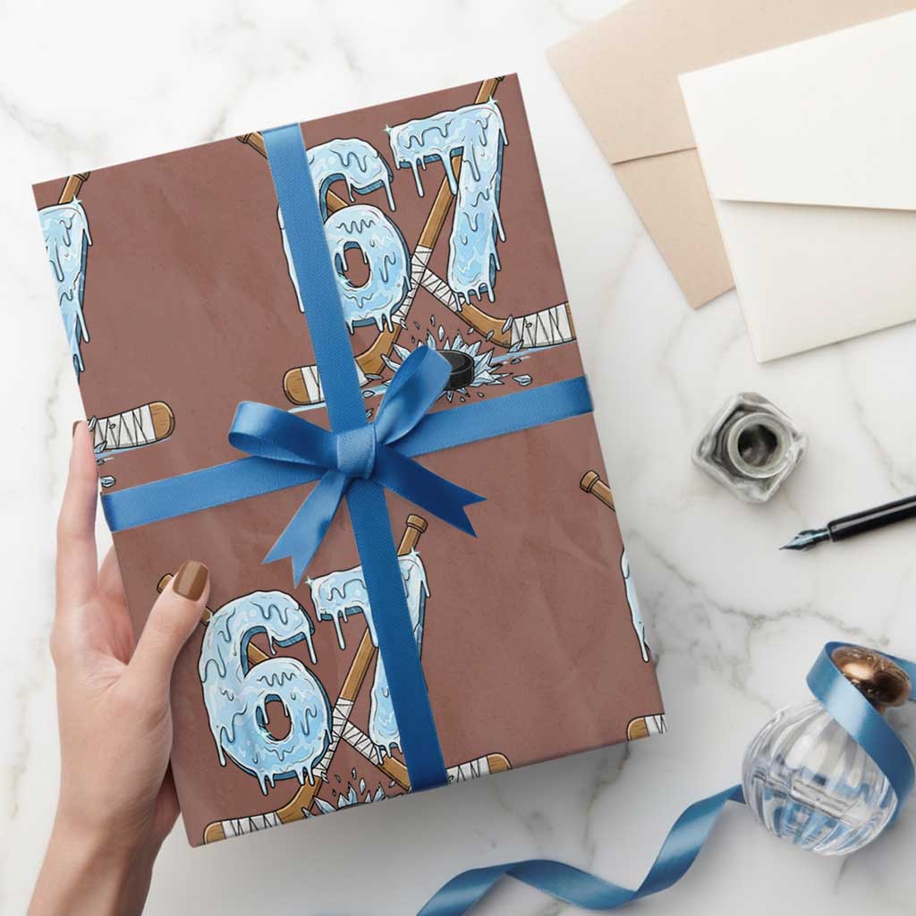 67 Ice Hockey Sticks and Puck Wrapping Paper Roll Funny Six Seven Brainrot Dripping Number Melting Snow TS02 Mocha Print Your Wear