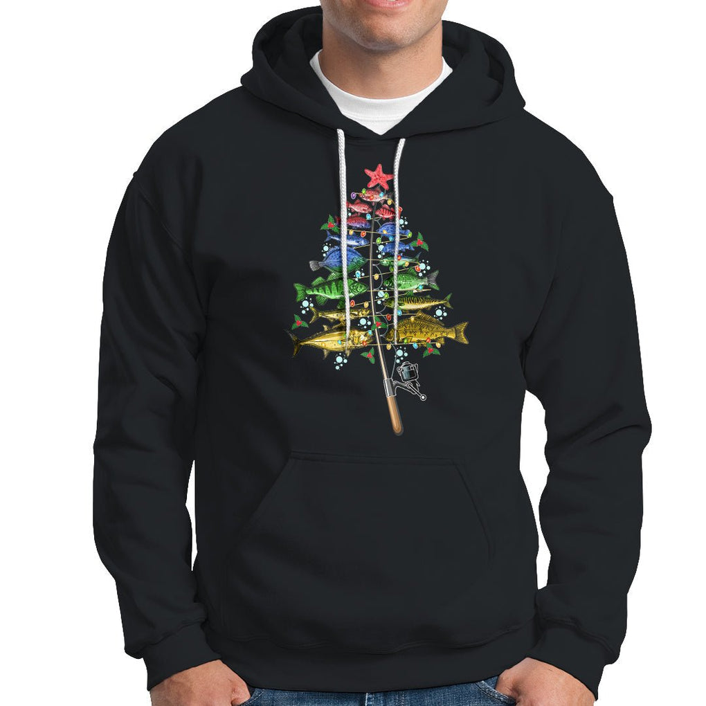 Aquatic Christmas Tree Fisherman Colorful Fish Hoodie TS09 Black Printyourwear