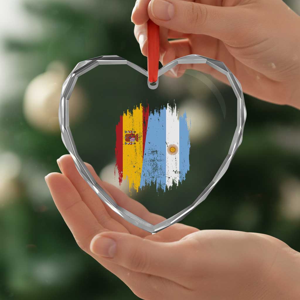Argentina Spain Dual Heritage Flag Graphic Heart Crystal Glass Ornament Vintage Spanish Argetine Match Day Pride