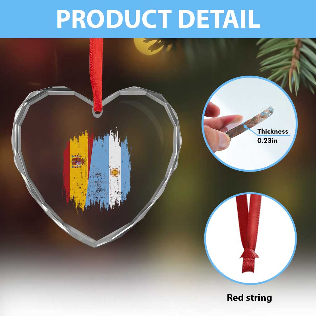 Argentina Spain Dual Heritage Flag Graphic Heart Crystal Glass Ornament Vintage Spanish Argetine Match Day Pride