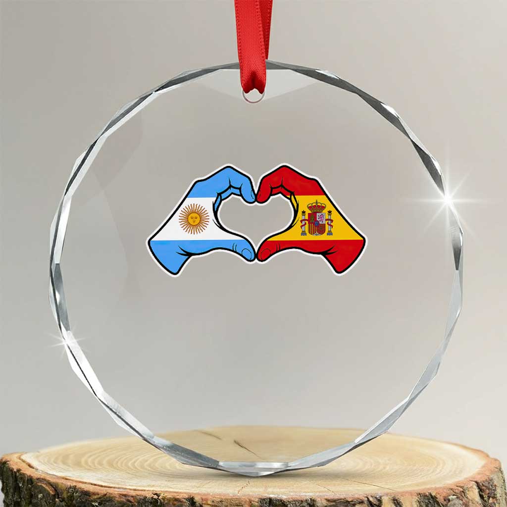 Argentina Spain Flag Heart Hands Graphic Crystal Glass Ornament Argentine Spanish Mixed Roots Pride Dual Heritage Match Day TS02 Transparent Glass 3'' Circle Print Your Wear