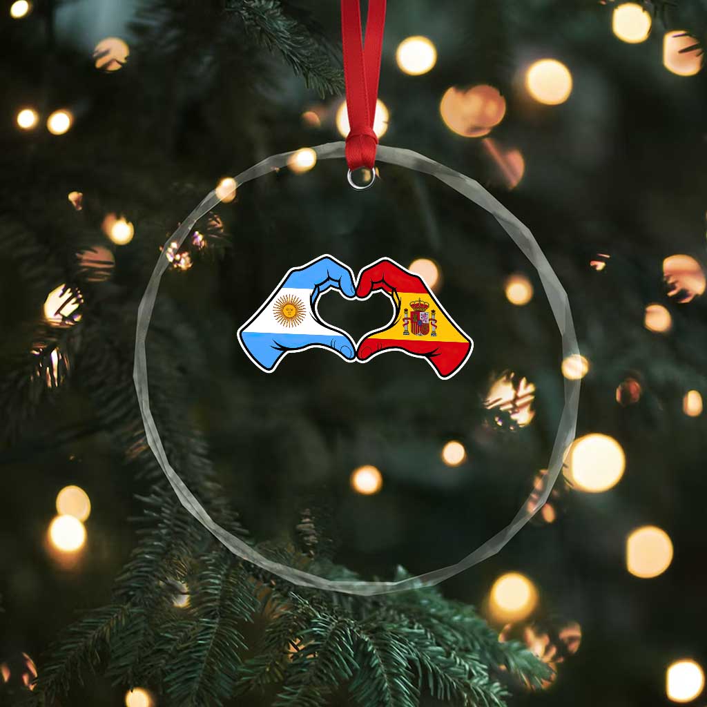 Argentina Spain Flag Heart Hands Graphic Crystal Glass Ornament Argentine Spanish Mixed Roots Pride Dual Heritage Match Day