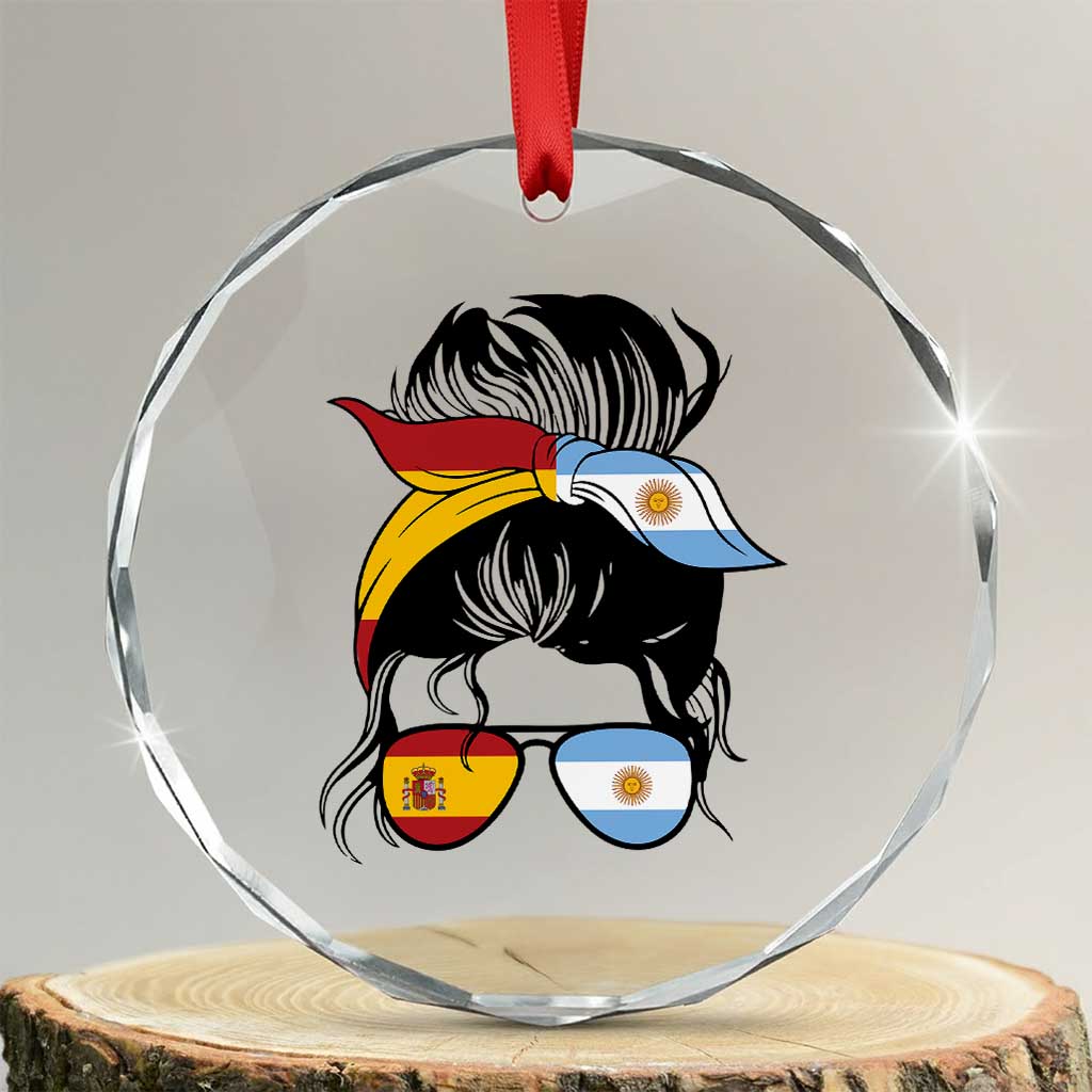 Argentina Spain Flag Messy Bun Girl Graphic Crystal Glass Ornament Cool Latina Argentine Spanish Pride Match Day TS02 Transparent Glass 3'' Circle Print Your Wear