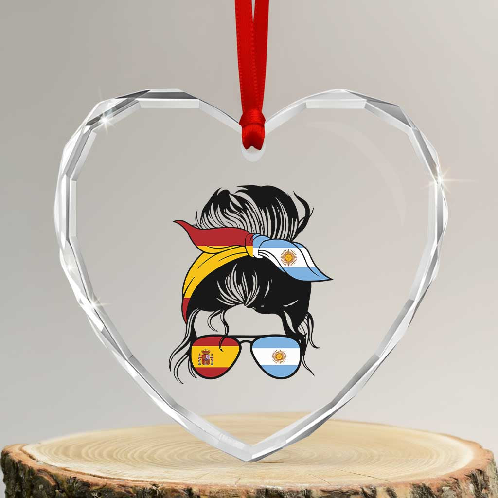 Argentina Spain Flag Messy Bun Girl Graphic Heart Crystal Glass Ornament Cool Latina Argentine Spanish Pride Match Day