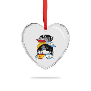 Argentina Spain Flag Messy Bun Girl Graphic Heart Crystal Glass Ornament Cool Latina Argentine Spanish Pride Match Day
