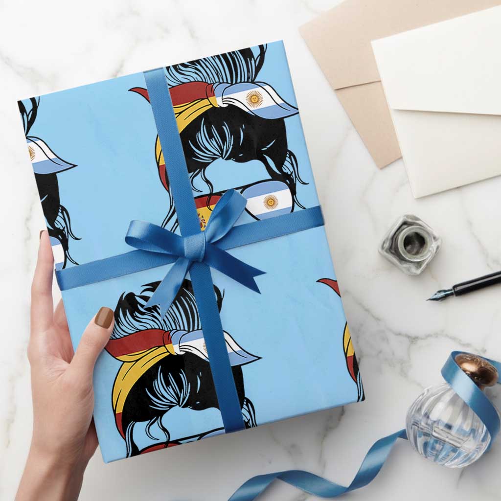 Argentina Spain Flag Messy Bun Girl Graphic Wrapping Paper Roll Cool Latina Argentine Spanish Pride Match Day