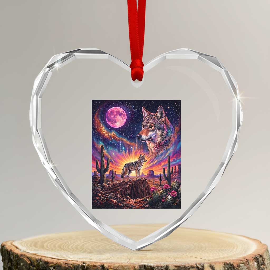 Arizona Coyote Vintage Desert Moon Retro Cactus Heart Crystal Glass Ornament Southwest Wildlife Western Adventure Graphic TS14 Transparent Glass 3'' Heart Print Your Wear