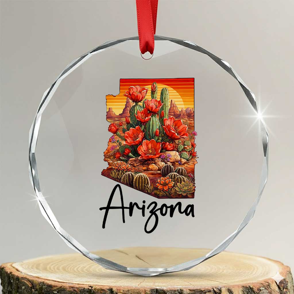 Arizona Map Blooming Cactus Flowers Gift Crystal Glass Ornament TS12 Transparent Glass 3'' Circle Print Your Wear
