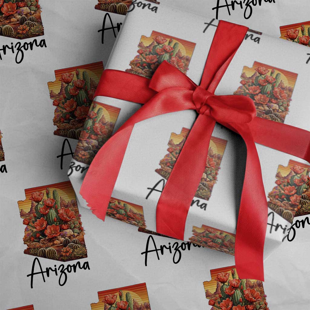 Arizona Map Blooming Cactus Flowers Gift Wrapping Paper Roll TS12 White Print Your Wear