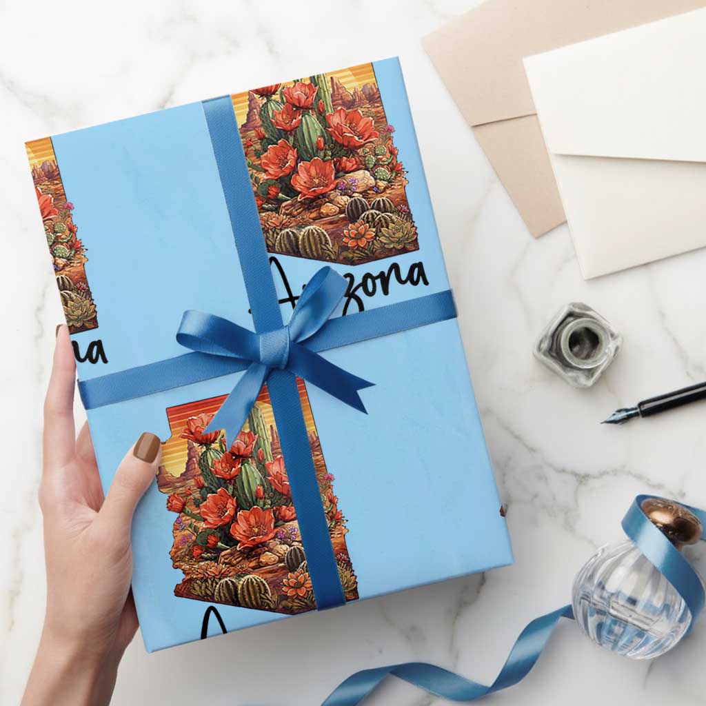 Arizona Map Blooming Cactus Flowers Gift Wrapping Paper Roll TS12 Light Blue Print Your Wear
