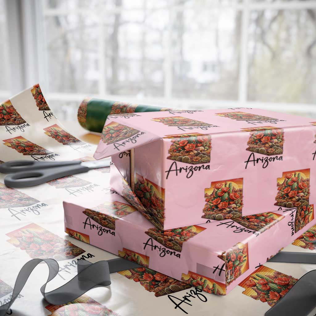 Arizona Map Blooming Cactus Flowers Gift Wrapping Paper Roll TS12 Light Pink Print Your Wear