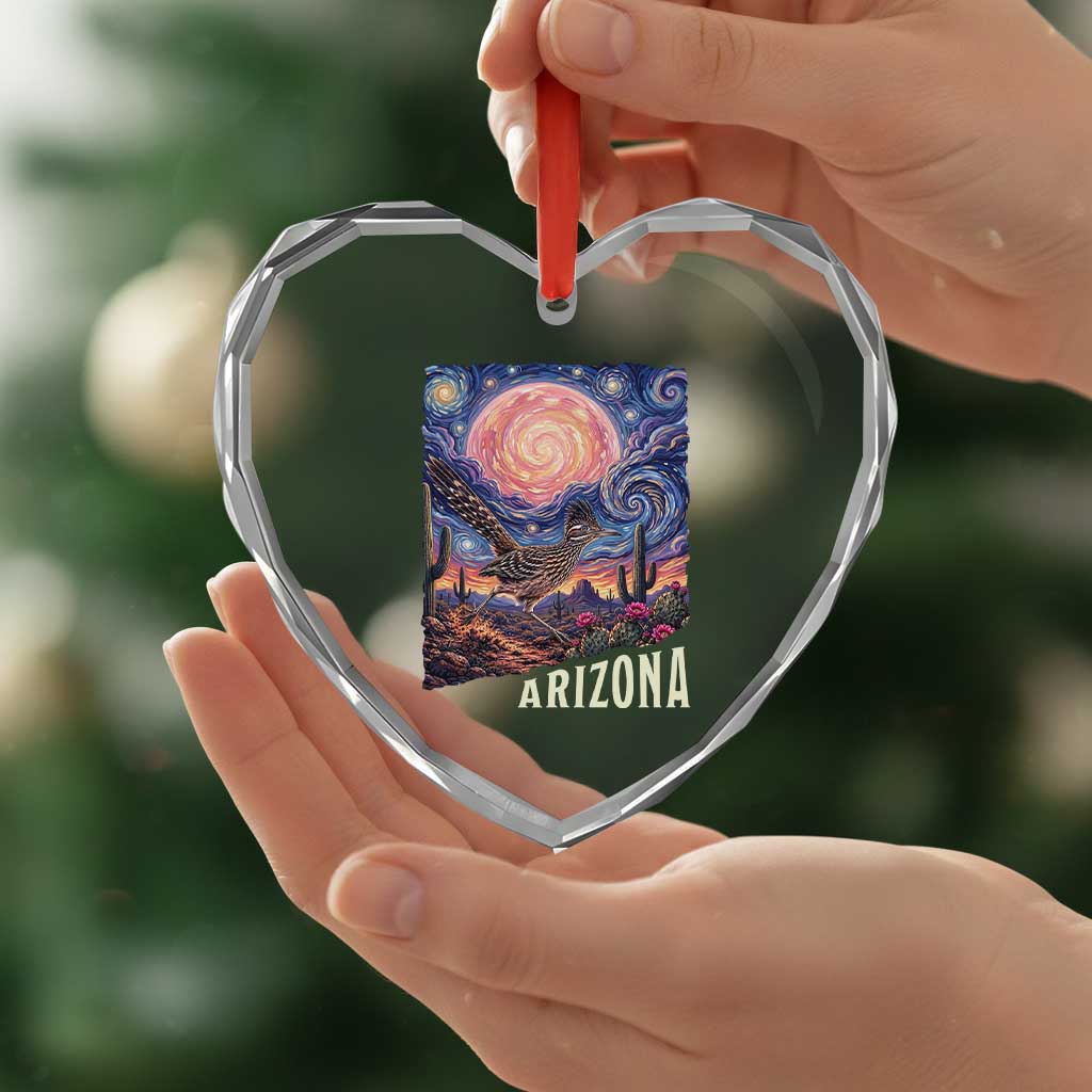 Arizona Roadrunner Vintage Desert Moon Retro Cactus Heart Crystal Glass Ornament Southwest Wildlife Bird Starry Night Style