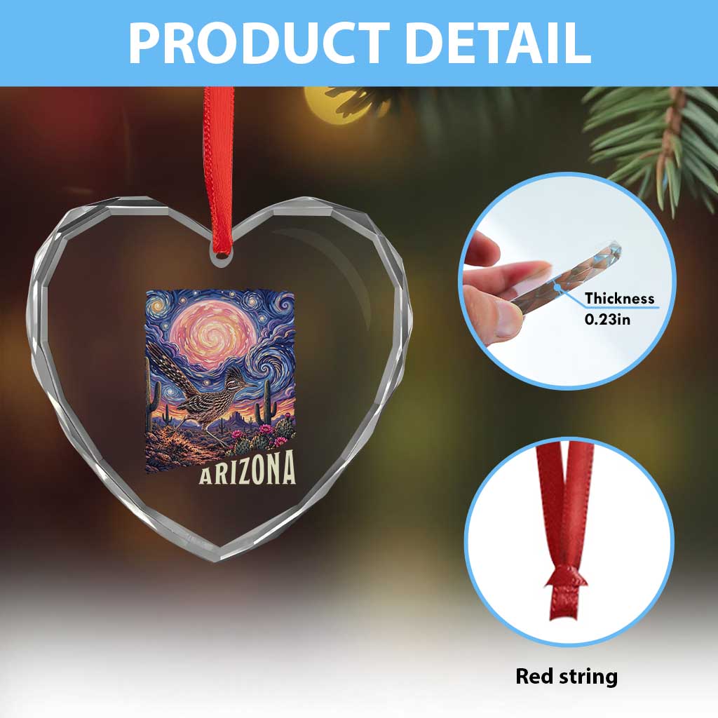 Arizona Roadrunner Vintage Desert Moon Retro Cactus Heart Crystal Glass Ornament Southwest Wildlife Bird Starry Night Style
