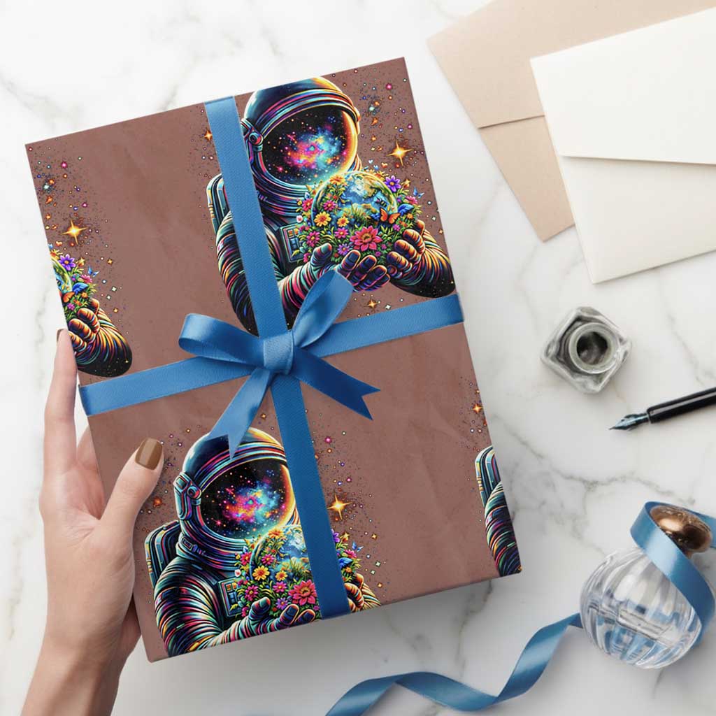 Astronaut Earth Flowers Spaceman Planet Galaxy Universe Wrapping Paper Roll TS11 Mocha Print Your Wear