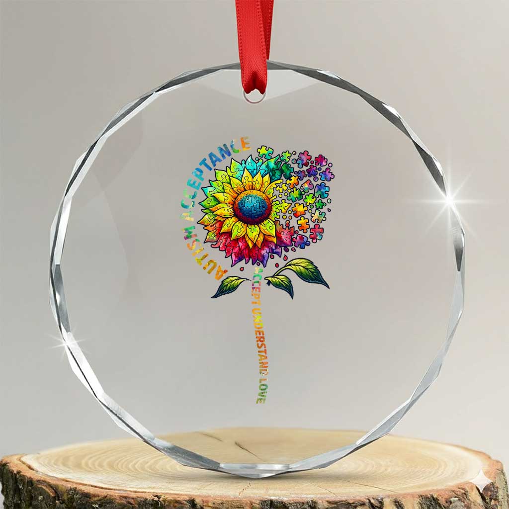Autism Acceptance Crystal Glass Ornament Accept Understand Love Sunflower Puzzle TS14 Transparent Glass 3'' Circle Print Your Wear