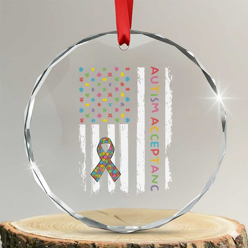 Autism Acceptance Crystal Glass Ornament American Flag Neurodivergent Support Ribbon Puzzle TS14 Transparent Glass 3'' Circle Print Your Wear