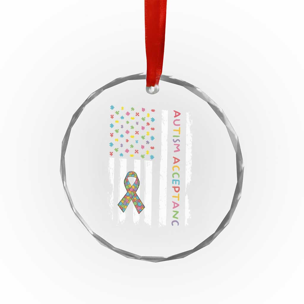 Autism Acceptance Crystal Glass Ornament American Flag Neurodivergent Support Ribbon Puzzle TS14 Print Your Wear