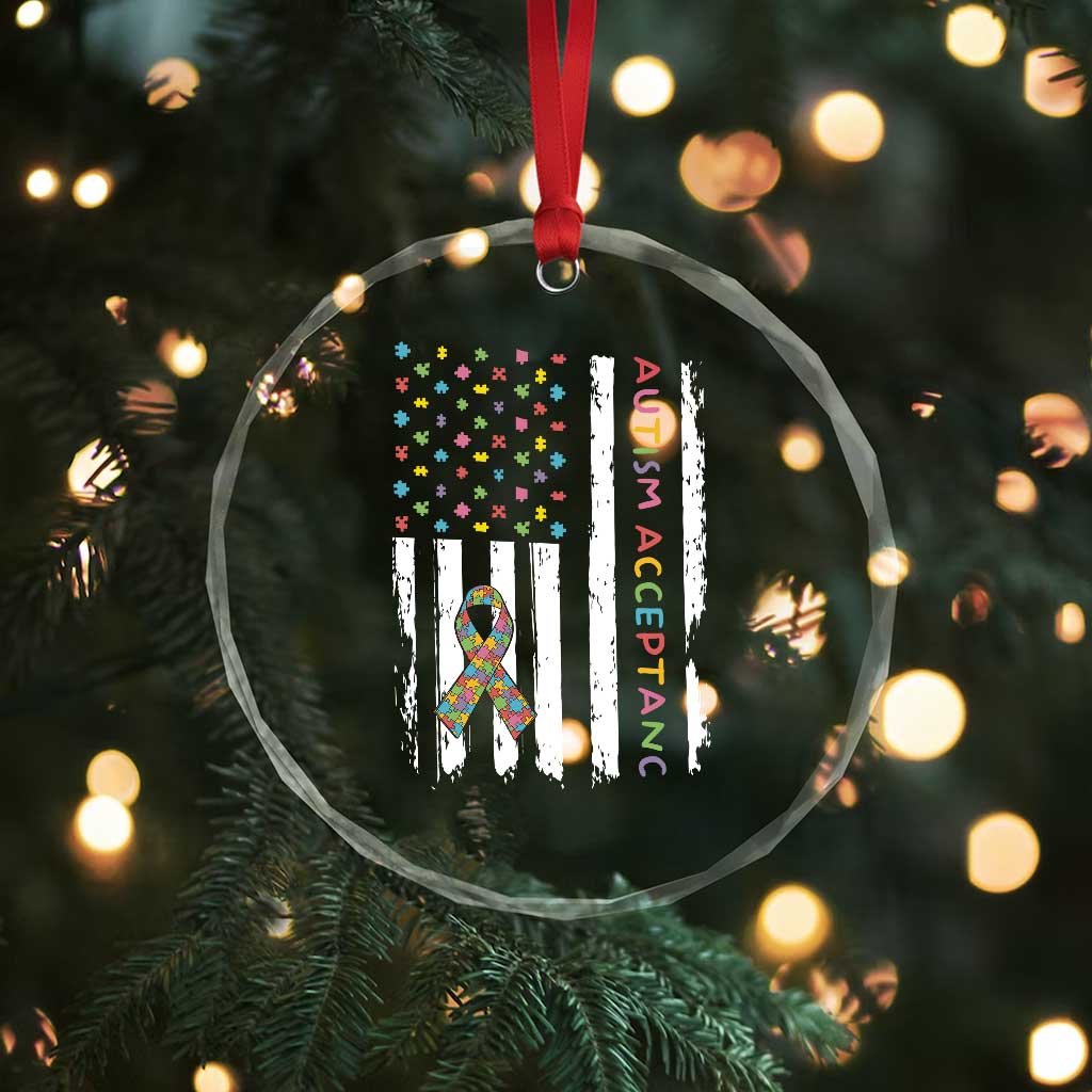 Autism Acceptance Crystal Glass Ornament American Flag Neurodivergent Support Ribbon Puzzle TS14 Print Your Wear