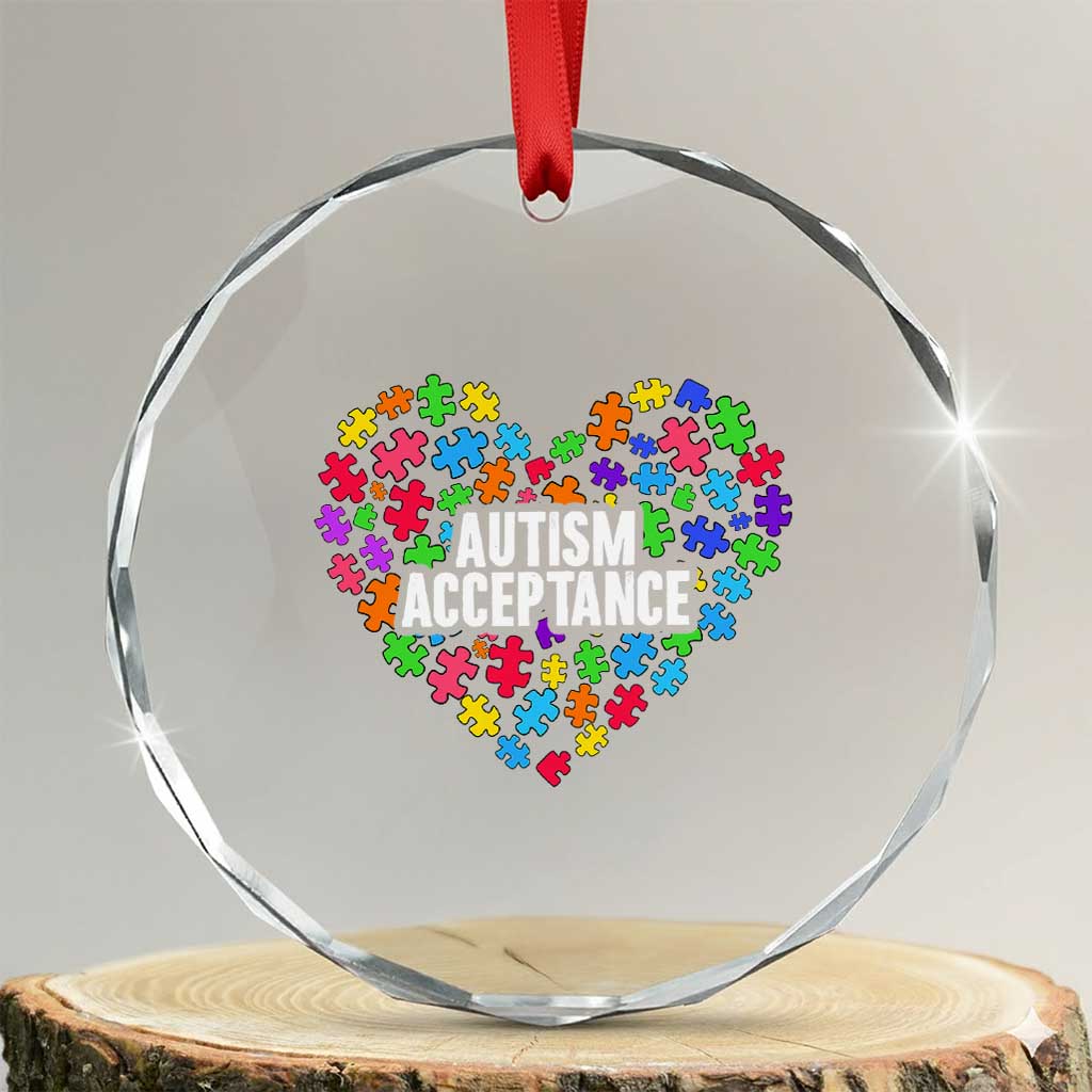 Autism Acceptance Crystal Glass Ornament Love Heart Puzzle Piece Gift TS14 Transparent Glass 3'' Circle Print Your Wear