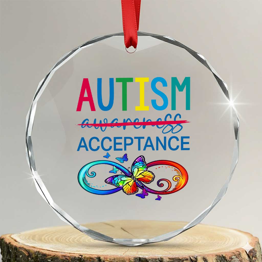 Autism Acceptance Crystal Glass Ornament Neurodivergent Support Infinity Butterfly Symbol TS14 Transparent Glass 3'' Circle Print Your Wear