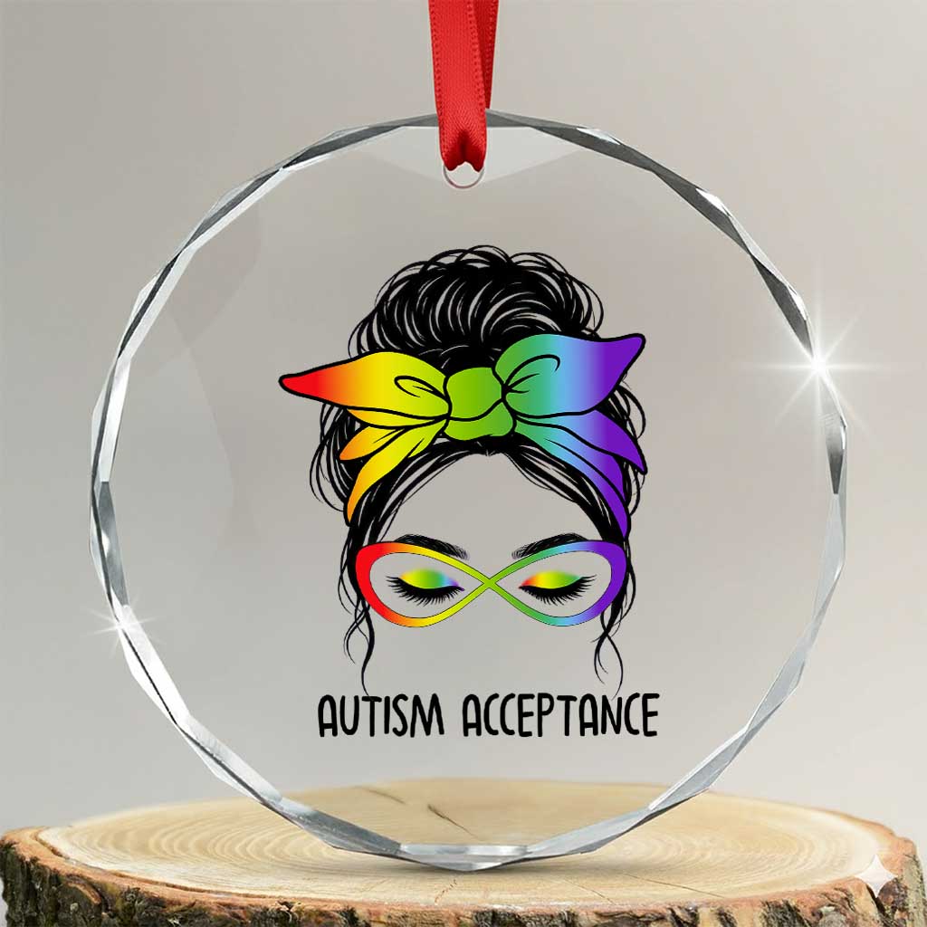 Autism Acceptance Crystal Glass Ornament Neurodiversity Awareness Messy Bun Women TS14 Transparent Glass 3'' Circle Print Your Wear