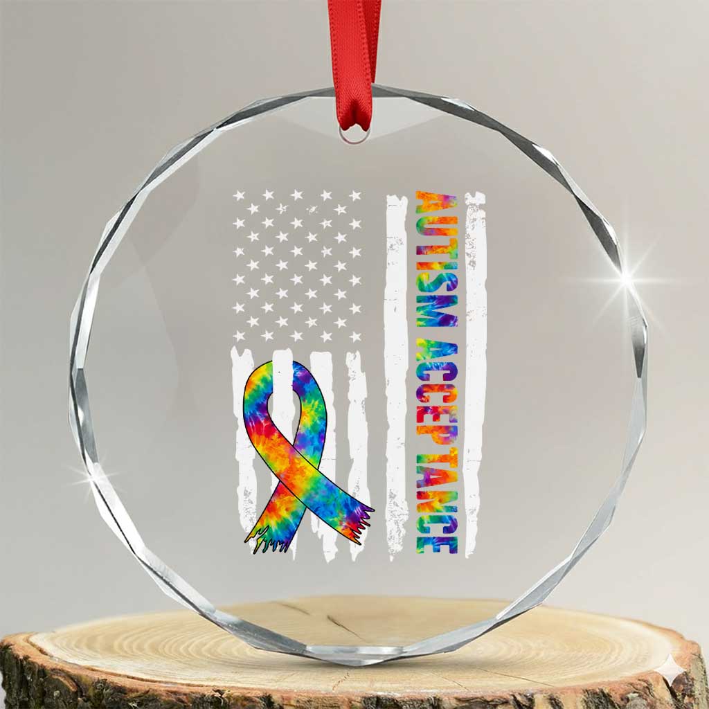Autism Acceptance Crystal Glass Ornament US Flag Ribbon Support Neurodiversity TS14 Transparent Glass 3'' Circle Print Your Wear