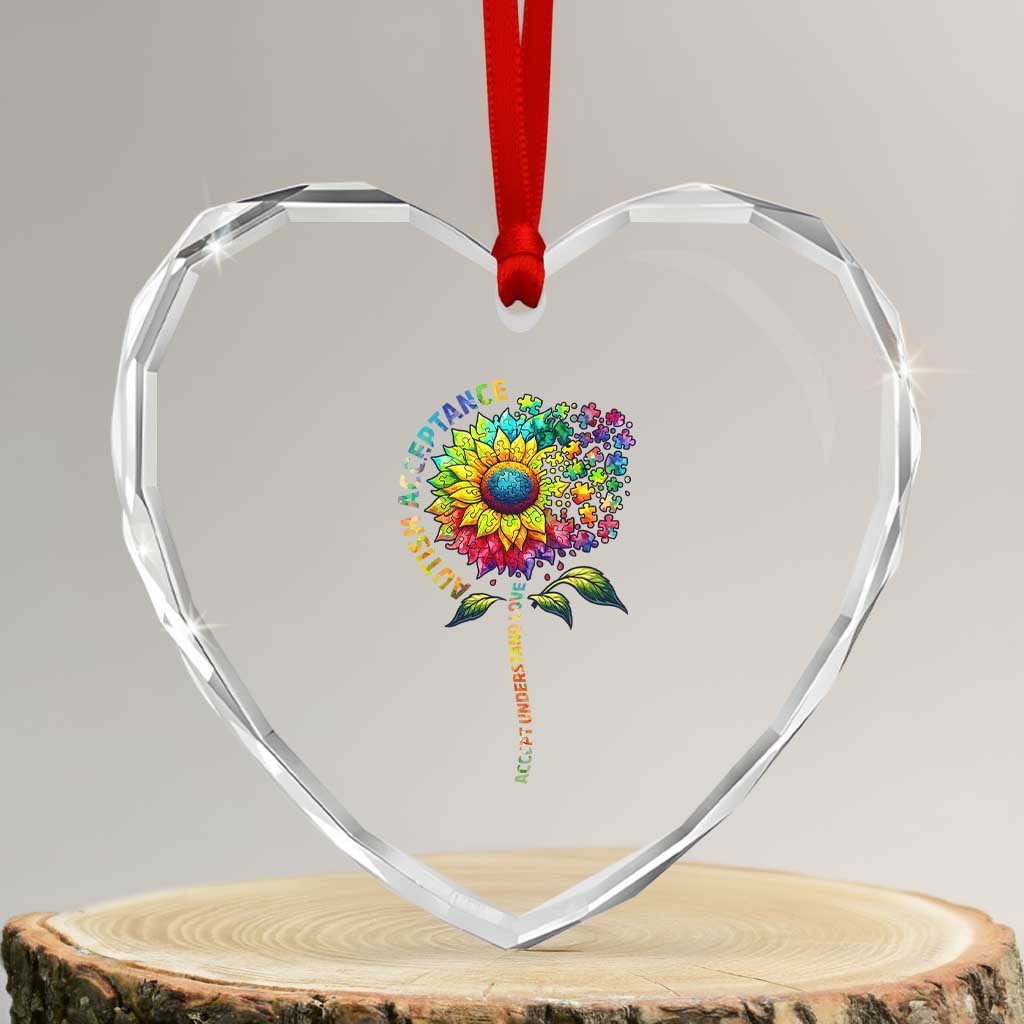 Autism Acceptance Heart Crystal Glass Ornament Accept Understand Love Sunflower Puzzle TS14 Transparent Glass 3'' Heart Print Your Wear