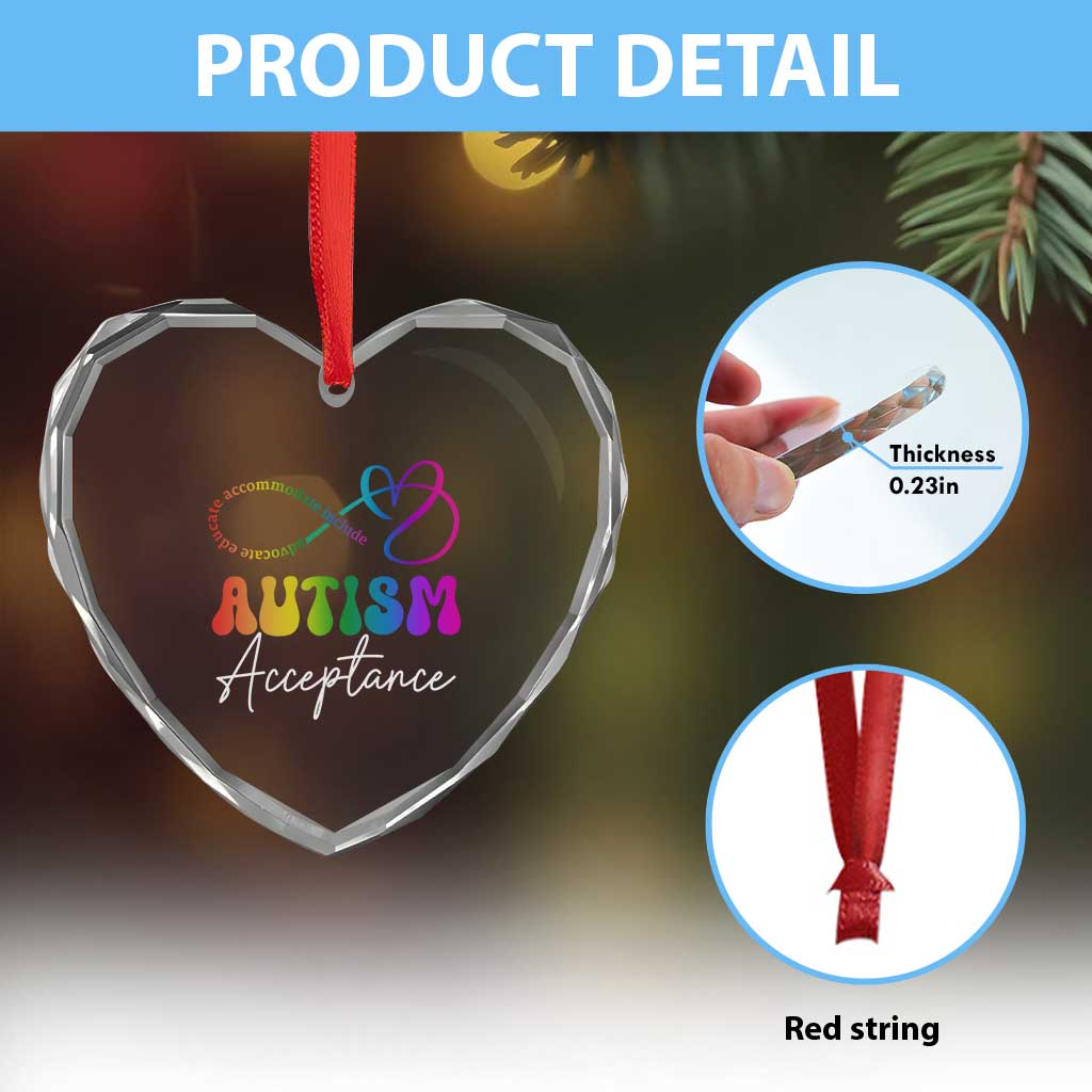 Autism Acceptance Heart Crystal Glass Ornament Advocate Educate Accomodate Include Rainbow Infinity Symbol TS02 Print Your Wear