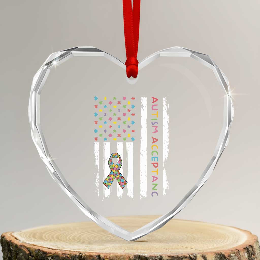 Autism Acceptance Heart Crystal Glass Ornament American Flag Neurodivergent Support Ribbon Puzzle TS14 Transparent Glass 3'' Heart Print Your Wear