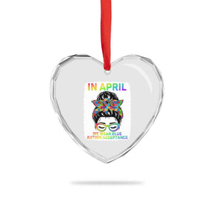 Autism Acceptance Heart Crystal Glass Ornament Neurodivergent Support Messy Bun Ribbon Puzzle TS14 Print Your Wear
