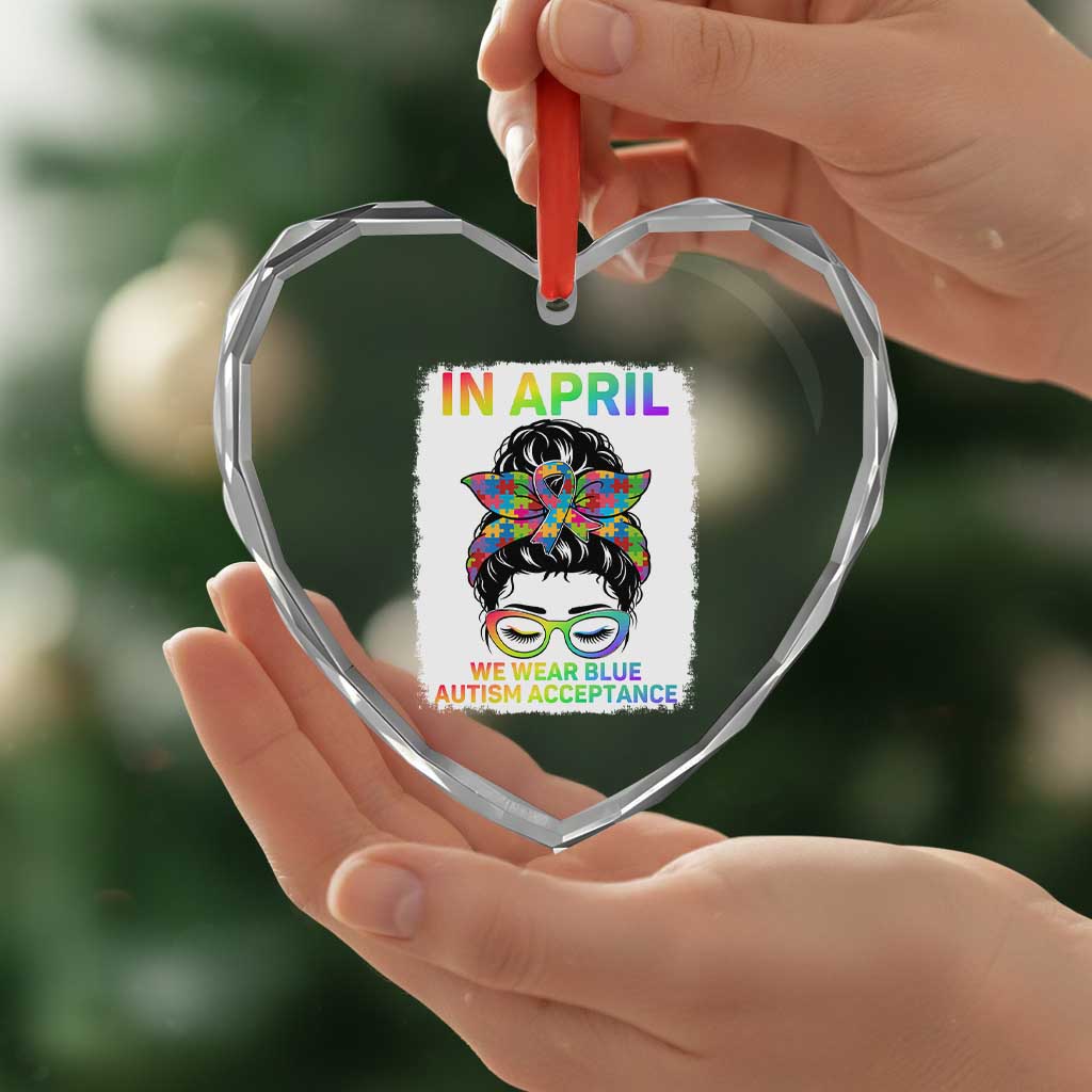 Autism Acceptance Heart Crystal Glass Ornament Neurodivergent Support Messy Bun Ribbon Puzzle TS14 Print Your Wear