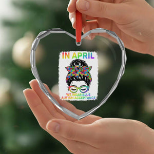 Autism Acceptance Heart Crystal Glass Ornament Neurodivergent Support Messy Bun Ribbon Puzzle TS14 Print Your Wear