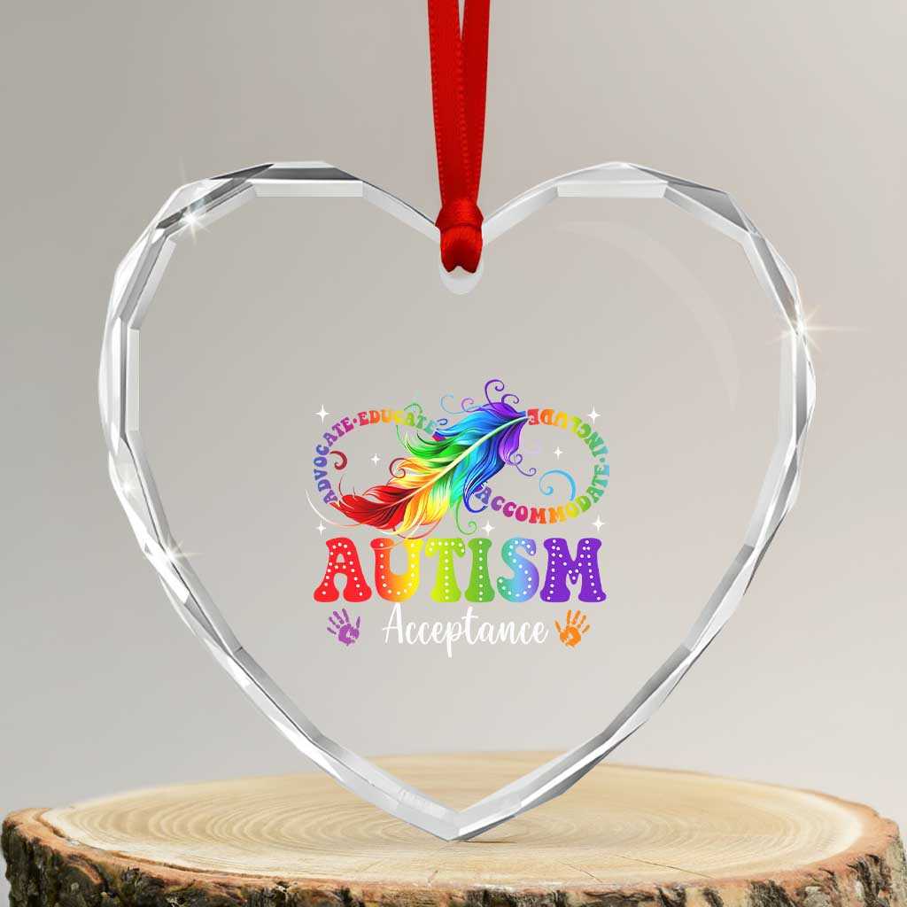 Autism Acceptance Heart Crystal Glass Ornament Neurodivergent Support Rainbow Feather Infinity Symbol TS14 Transparent Glass 3'' Heart Print Your Wear